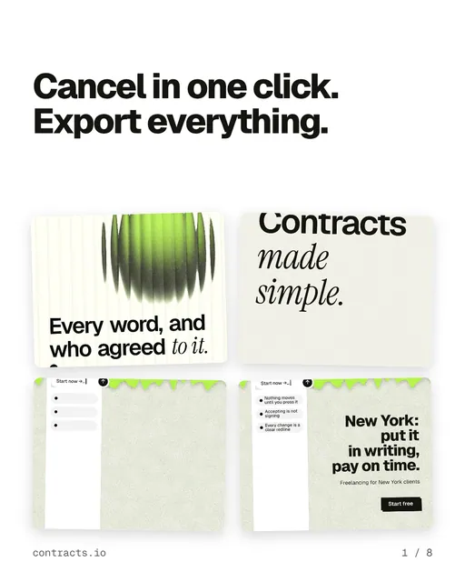 Carousel for contracts.io: "Cancel in one click. Export everything.". Collection carousel, 8 slides, light palette.