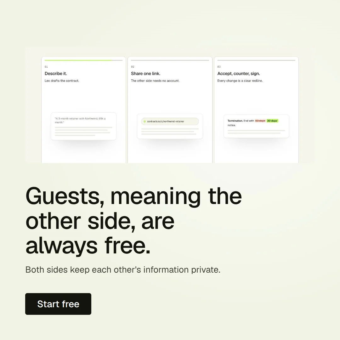 Video for contracts.io: "Guests, meaning the other side, are always free.". Doc motion loop, 8.0 s, light palette.