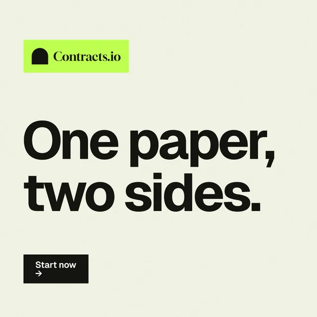Instagram post for contracts.io: "One paper, two sides." Swiss style, announce layout, light palette in white, yellow, grey.