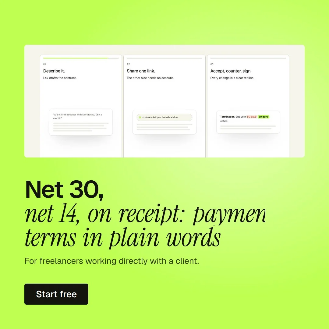 Video for contracts.io: "Net 30, net 14, on receipt: payment terms in plain words". Doc motion loop, 8.0 s, light palette.