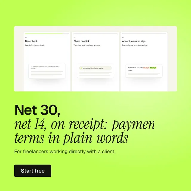 Video for contracts.io: "Net 30, net 14, on receipt: payment terms in plain words". Doc motion loop, 8.0 s, light palette.