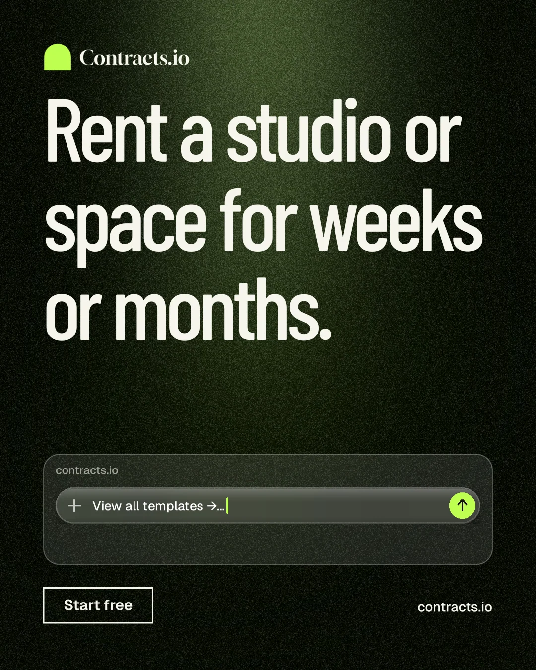 Instagram portrait post for contracts.io: "Rent a studio or space for weeks or months." Dark deco style, poster layout, dark palette in green, black, grey.