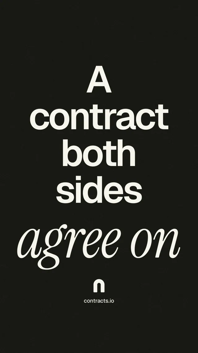 Instagram story for contracts.io: "A contract both sides agree on". Poster style, technique:mixed type lockup layout, dark palette in black, grey.