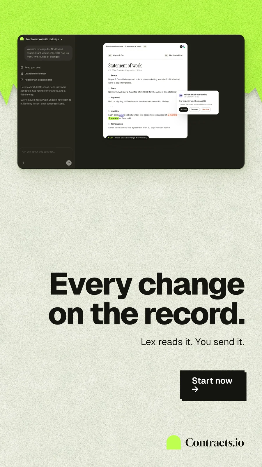 Instagram story for contracts.io: "Every change on the record." Paper trio style, right layout, light palette in green, black, yellow.