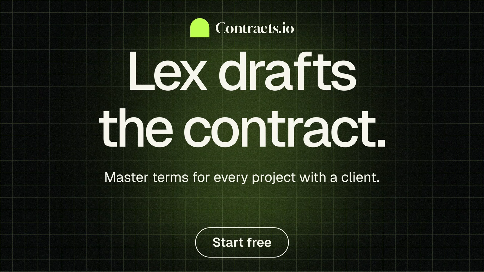 Landscape graphic for contracts.io: "Lex drafts the contract." Phosphor atlas style, centred layout, dark palette in black, grey.