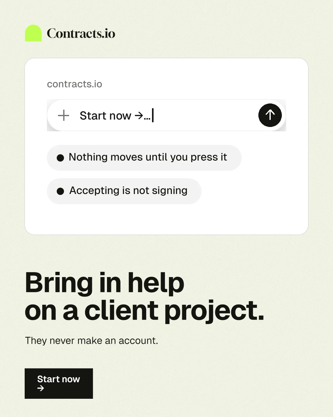 Instagram portrait post for contracts.io: "Bring in help on a client project." Swiss style, bottom layout, light palette in white, grey.