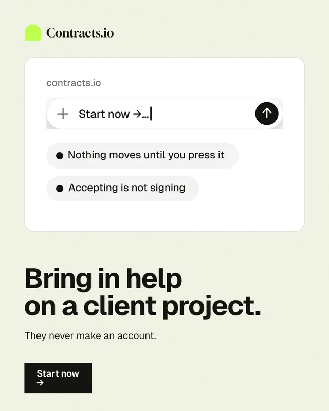 Instagram portrait post for contracts.io: "Bring in help on a client project." Swiss style, bottom layout, light palette in white, grey.