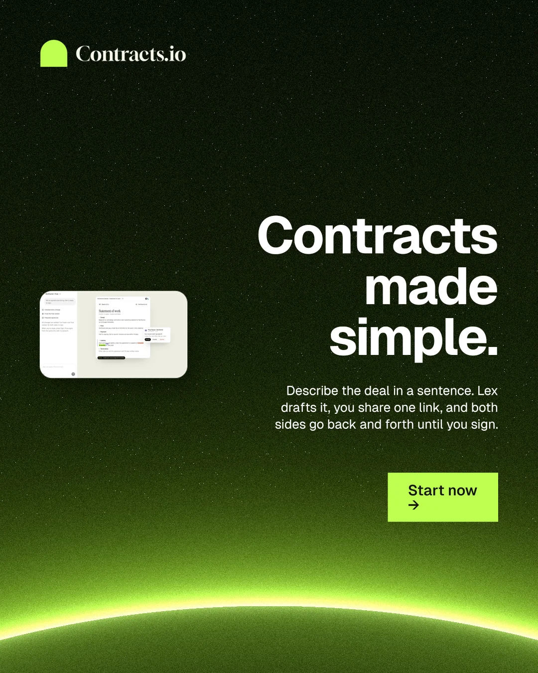 Instagram portrait post for contracts.io: "Contracts made simple." Swiss style, right layout, dark palette in green, black.