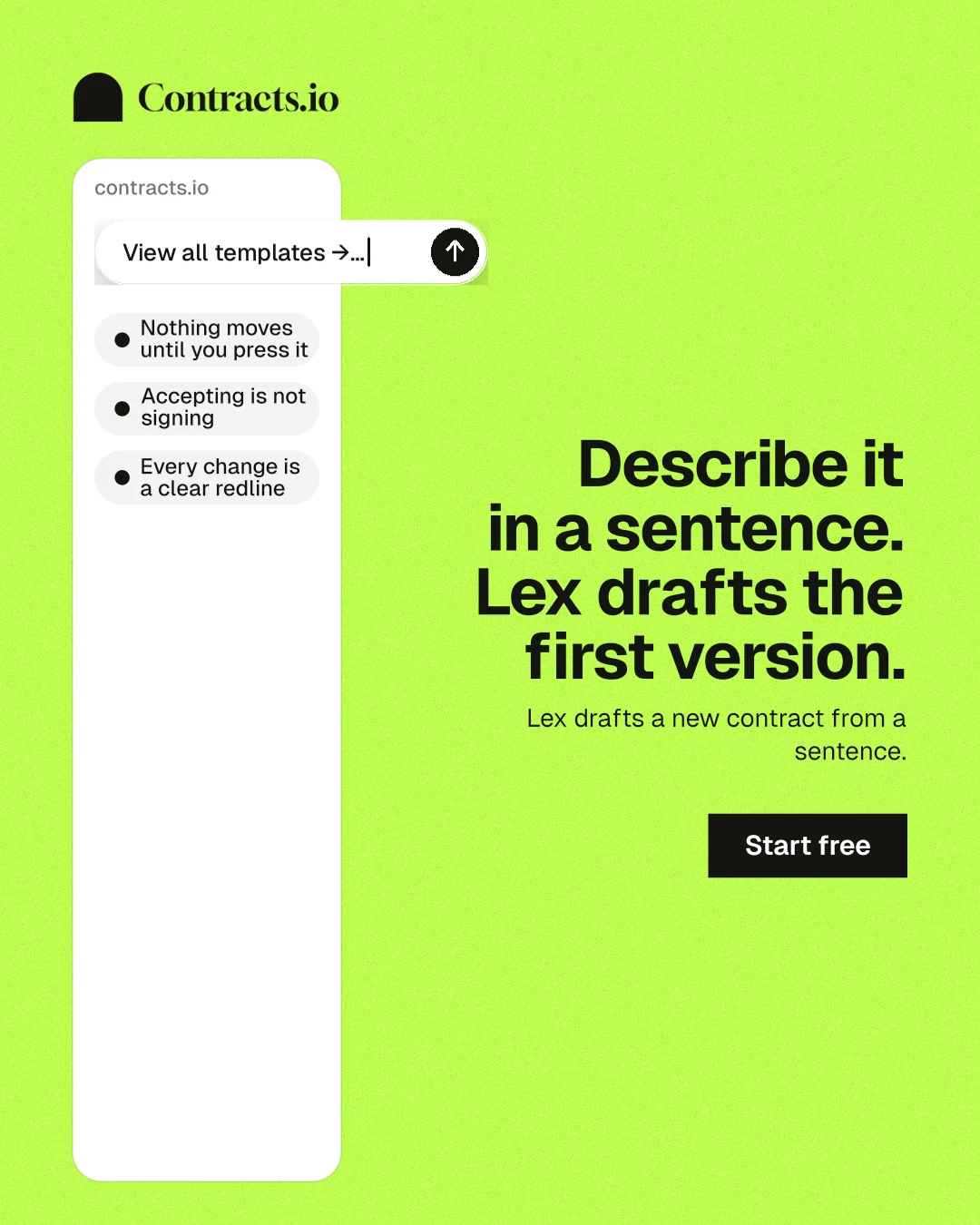 Instagram portrait post for contracts.io: "Describe it in a sentence. Lex drafts the first version." Swiss style, right layout, light palette in green, white.