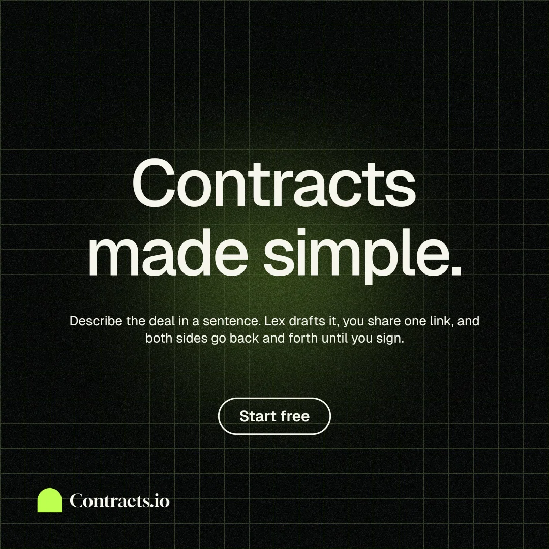 Instagram post for contracts.io: "Contracts made simple." Phosphor atlas style, centred layout, dark palette in black.