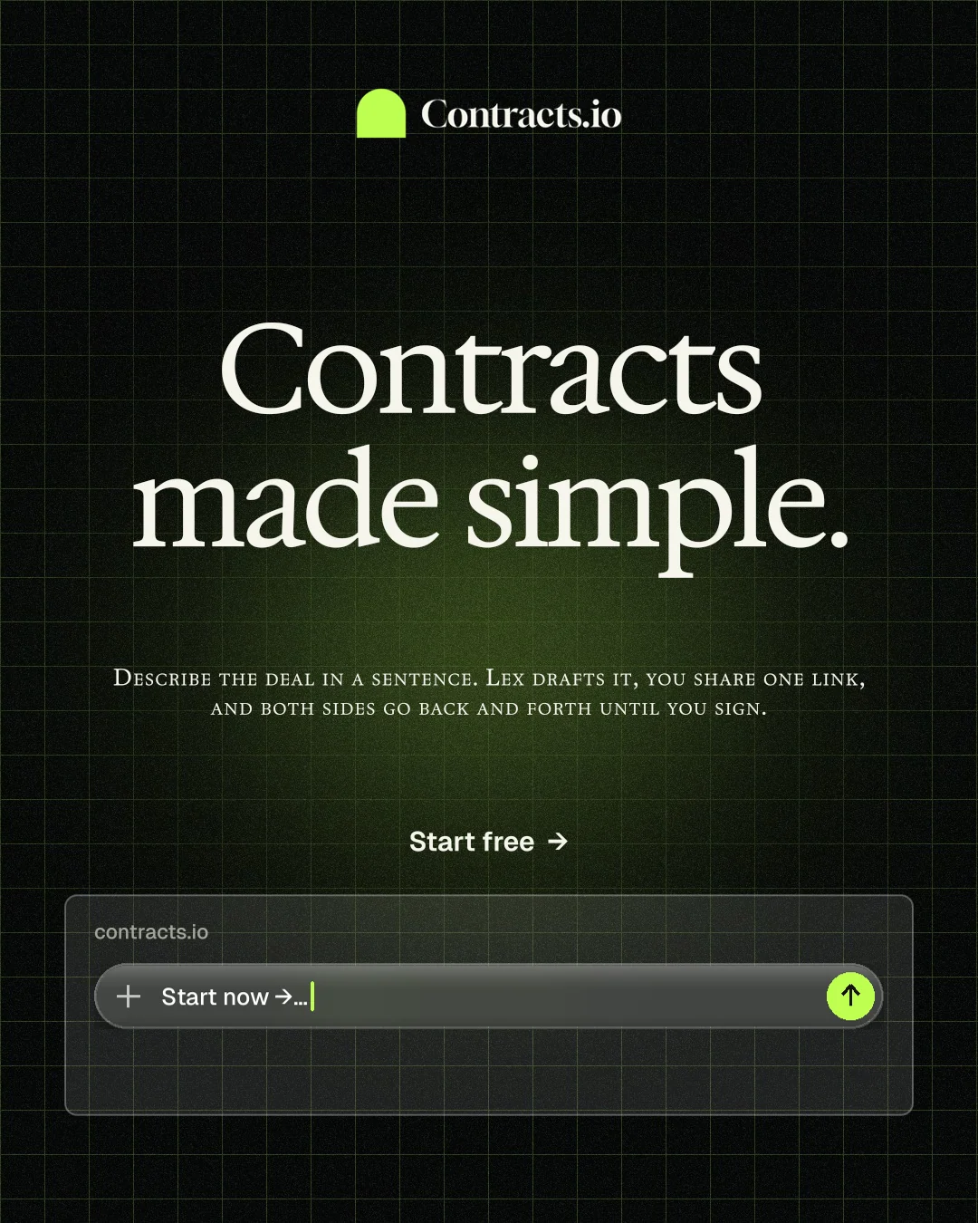 Instagram portrait post for contracts.io: "Contracts made simple." Phosphor atlas style, smallcaps layout, dark palette in black, grey.