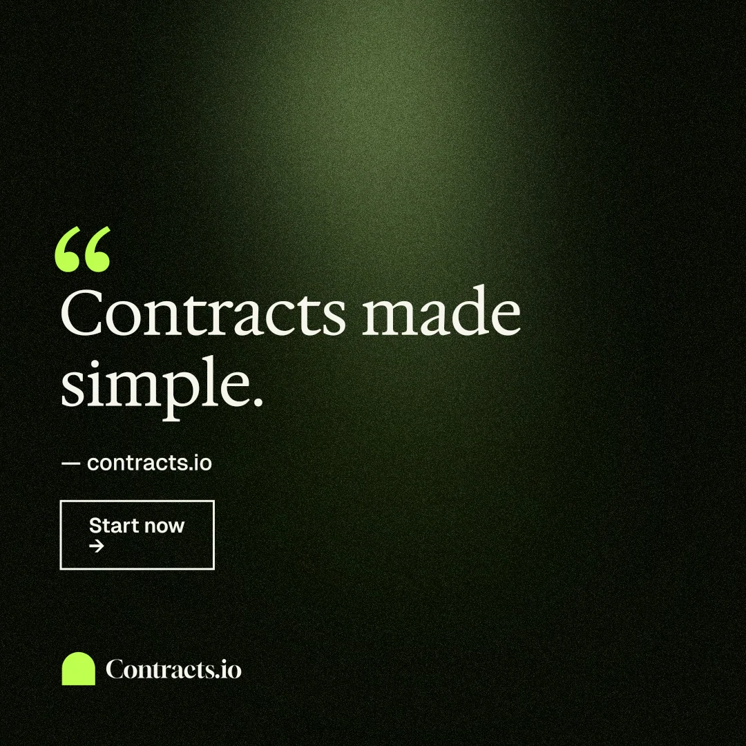 Instagram post for contracts.io: "Contracts made simple." Dark deco style, quote layout, dark palette in black, green.