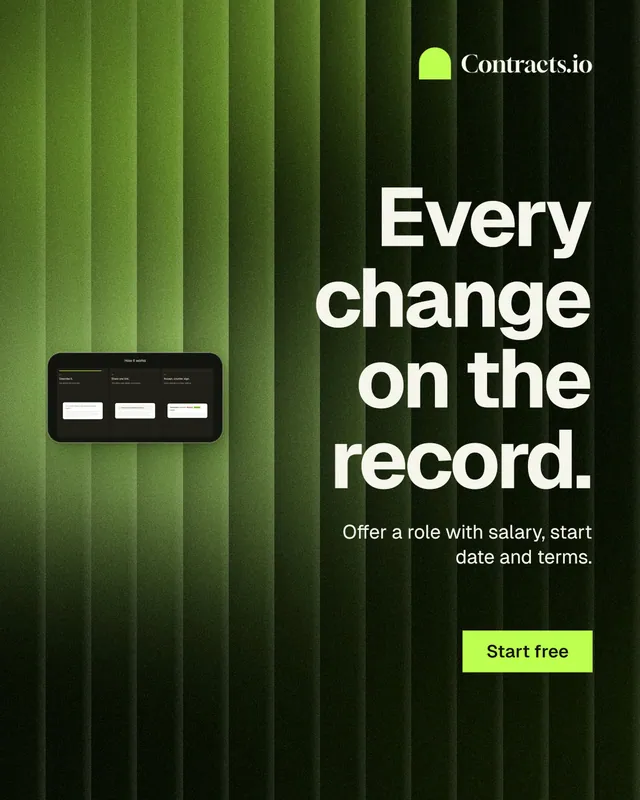 Instagram portrait post for contracts.io: "Every change on the record." Swiss style, right layout, dark palette in green, black.
