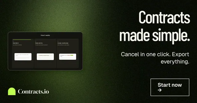Social ad for contracts.io: "Contracts made simple." Dark deco style, right layout, dark palette in black, green, grey.