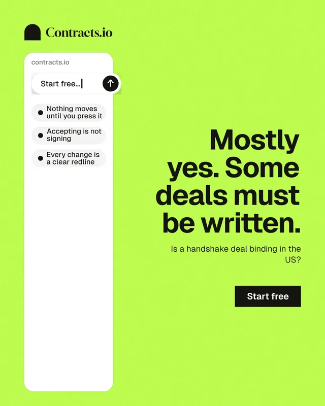 Instagram portrait post for contracts.io: "Mostly yes. Some deals must be written." Swiss style, right layout, light palette in green.