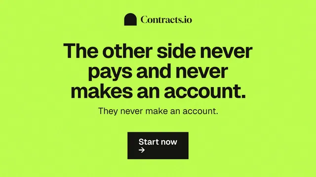Landscape graphic for contracts.io: "The other side never pays and never makes an account." Swiss style, centred layout, light palette in green.