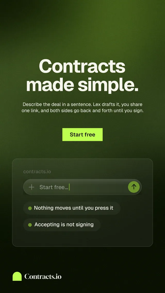 Instagram story for contracts.io: "Contracts made simple." Swiss style, centred layout, dark palette in green, black.