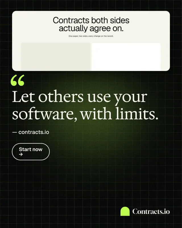 Instagram portrait post for contracts.io: "Let others use your software, with limits." Phosphor atlas style, quote layout, dark palette in white, black, green.