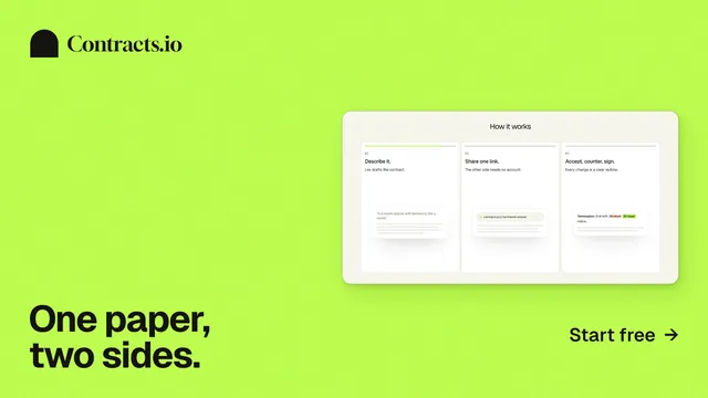 Landscape graphic for contracts.io: "One paper, two sides." Swiss style, image led layout, light palette in green, white.