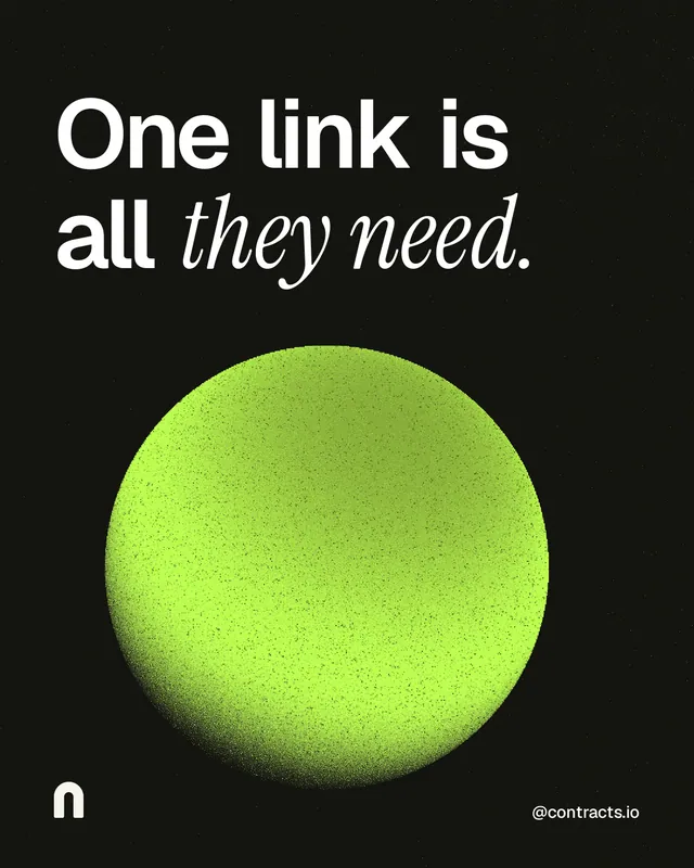 Instagram portrait post for contracts.io: "One link is all they need." Auto 4x5 style, technique:shader field layout, dark palette in black, green.