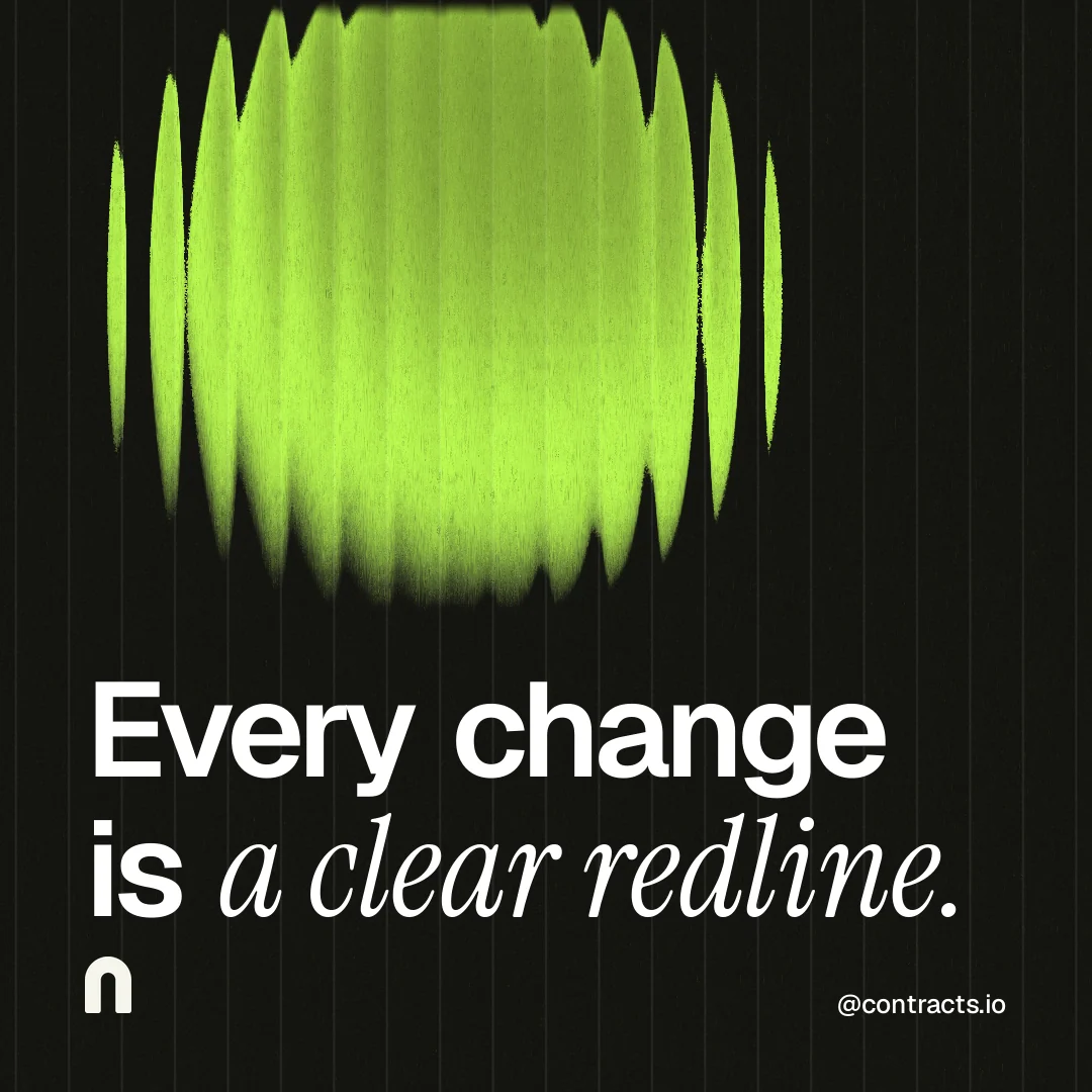 Instagram post for contracts.io: "Every change is a clear redline." Auto 1x1 style, technique:shader field layout, dark palette in black, green.