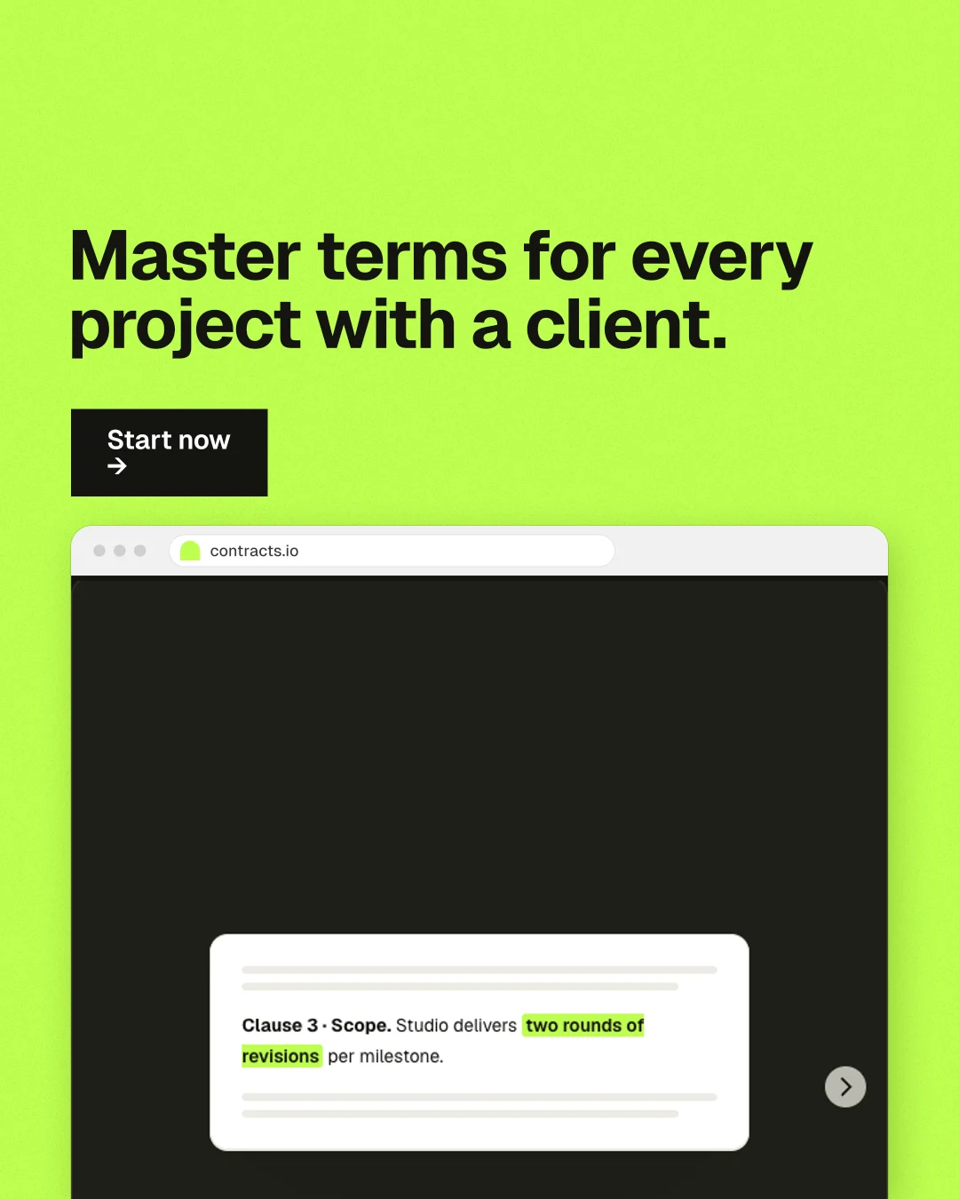 Instagram portrait post for contracts.io: "Master terms for every project with a client." Swiss style, browser layout, light palette in green, black.