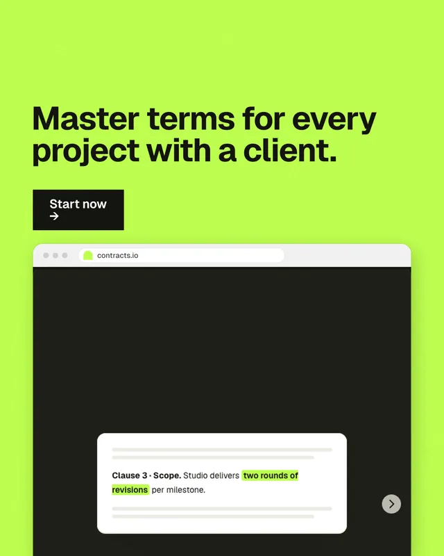 Instagram portrait post for contracts.io: "Master terms for every project with a client." Swiss style, browser layout, light palette in green, black.