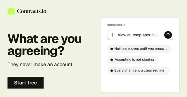 Social ad for contracts.io: "What are you agreeing?" Swiss style, bottom layout, light palette in yellow, green, white.
