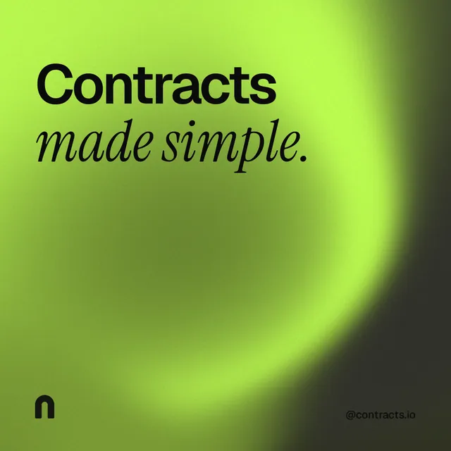Instagram post for contracts.io: "Contracts made simple." Auto 1x1 style, technique:shader field layout, light palette in green.