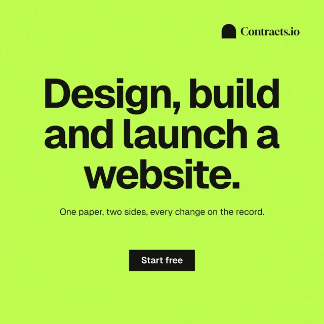 Instagram post for contracts.io: "Design, build and launch a website." Swiss style, centred layout, light palette in green.