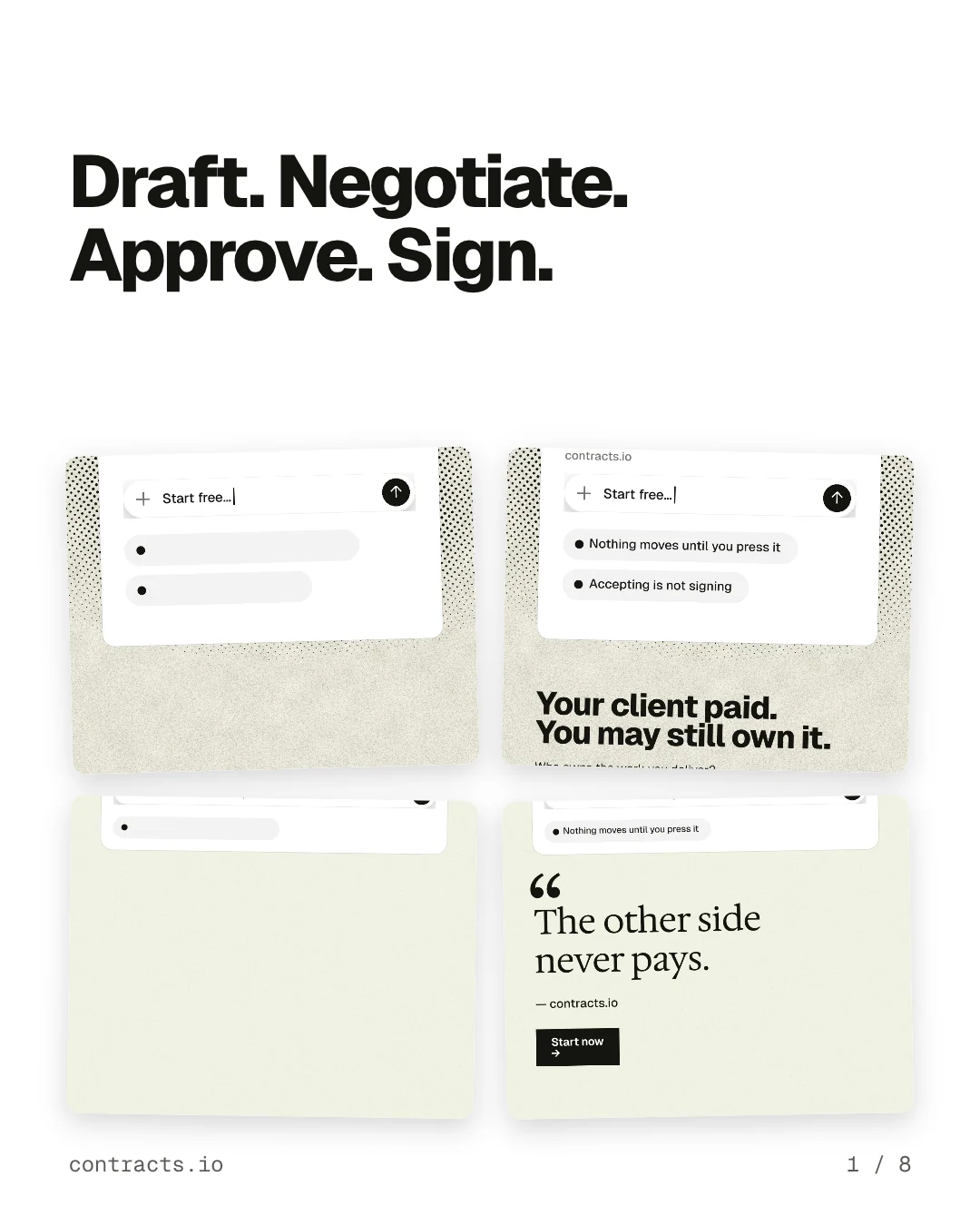 Carousel for contracts.io: "Draft. Negotiate. Approve. Sign.". Collection carousel, 8 slides, light palette.
