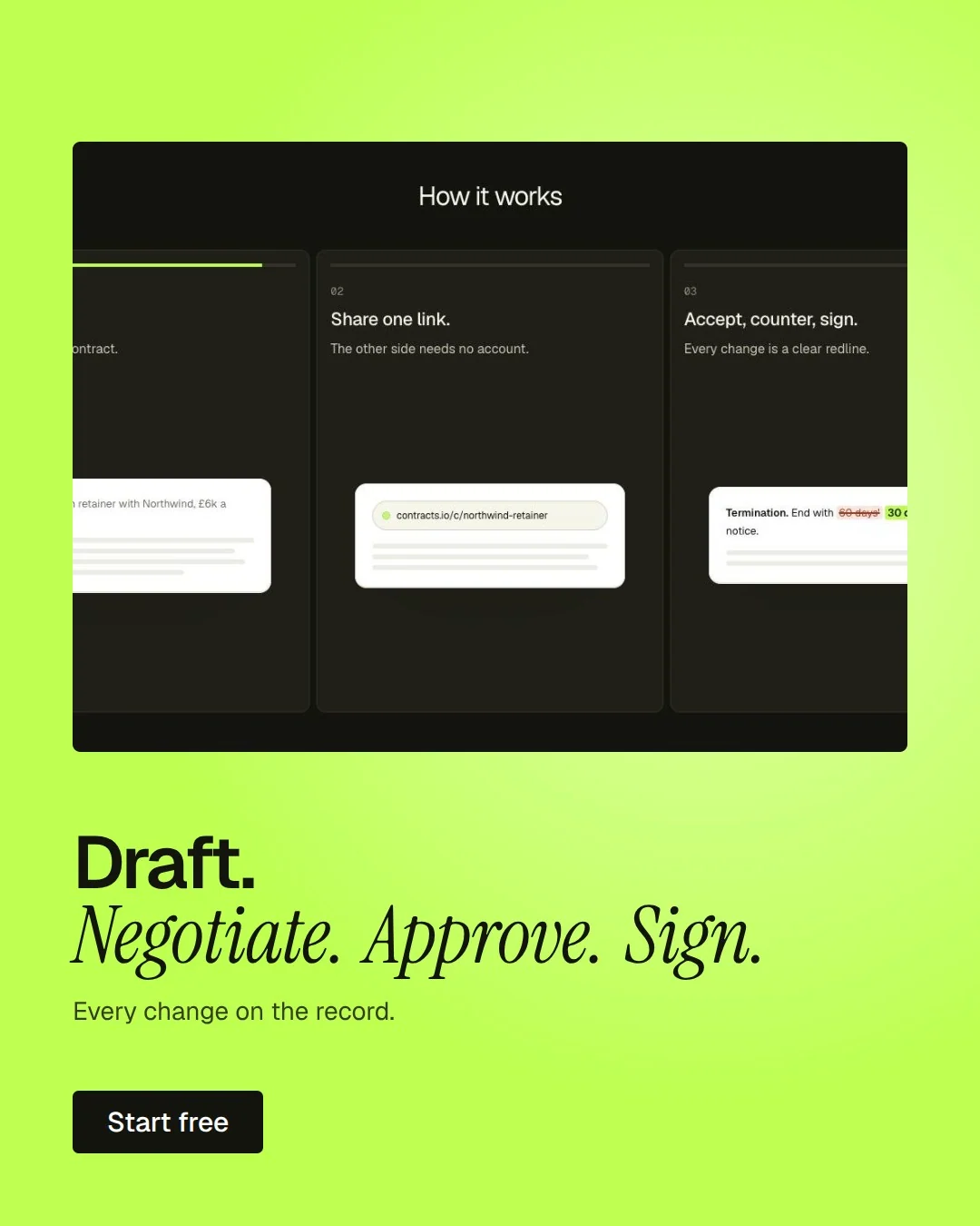 Video for contracts.io: "Draft. Negotiate. Approve. Sign.". Doc motion loop, 6.0 s, light palette.