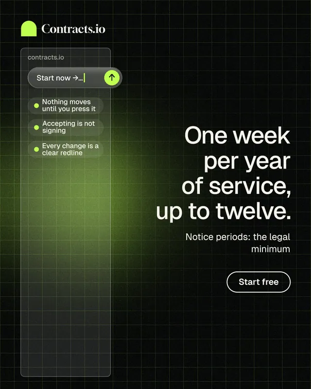 Instagram portrait post for contracts.io: "One week per year of service, up to twelve." Phosphor atlas style, right layout, dark palette in black, green.