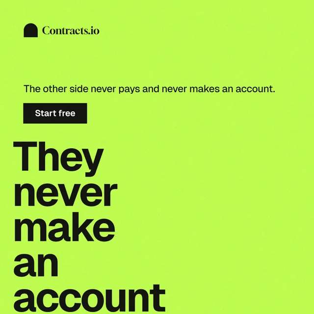 Instagram post for contracts.io: "They never make an account." Swiss style, oversized layout, light palette in green.