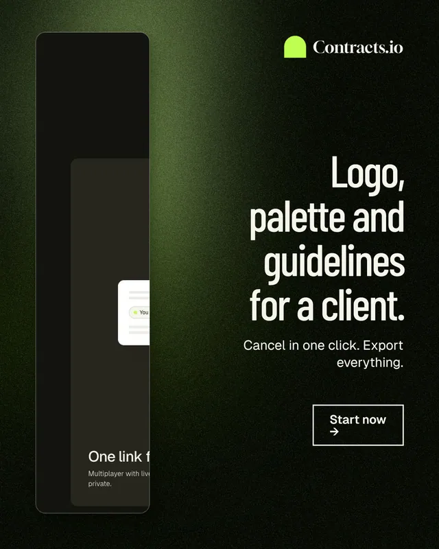 Instagram portrait post for contracts.io: "Logo, palette and guidelines for a client." Dark deco style, right layout, dark palette in black, green, grey.