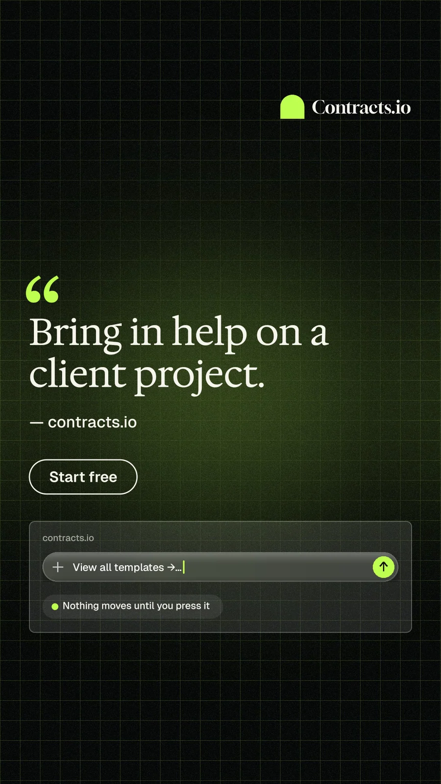 Instagram story for contracts.io: "Bring in help on a client project." Phosphor atlas style, quote layout, dark palette in black, green.