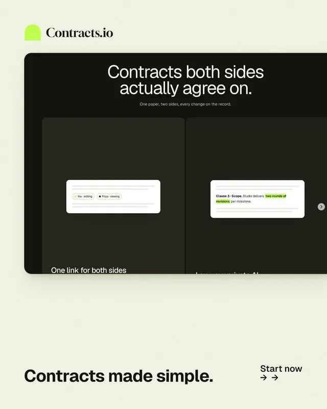 Instagram portrait post for contracts.io: "Contracts made simple." Swiss style, image led layout, light palette in white, black, green.