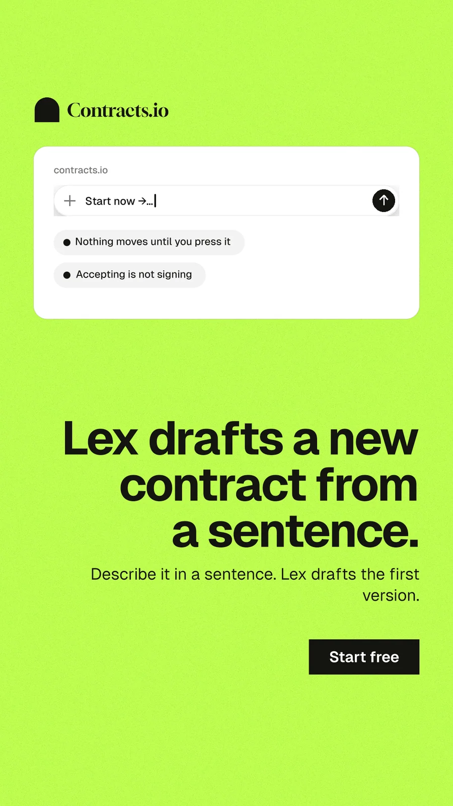 Instagram story for contracts.io: "Lex drafts a new contract from a sentence." Swiss style, right layout, light palette in green.