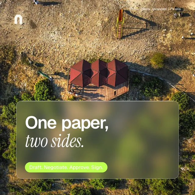 Instagram post for contracts.io: "One paper, two sides." Glass style, technique:pexels ingredient layout, dark palette in yellow, black, brown.
