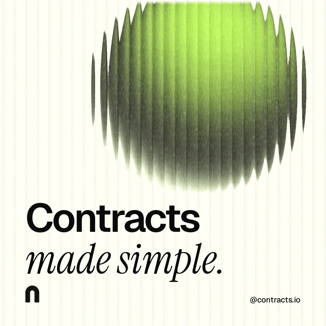 Instagram post for contracts.io: "Contracts made simple." Auto 1x1 style, technique:shader field layout, light palette in white, grey, green.