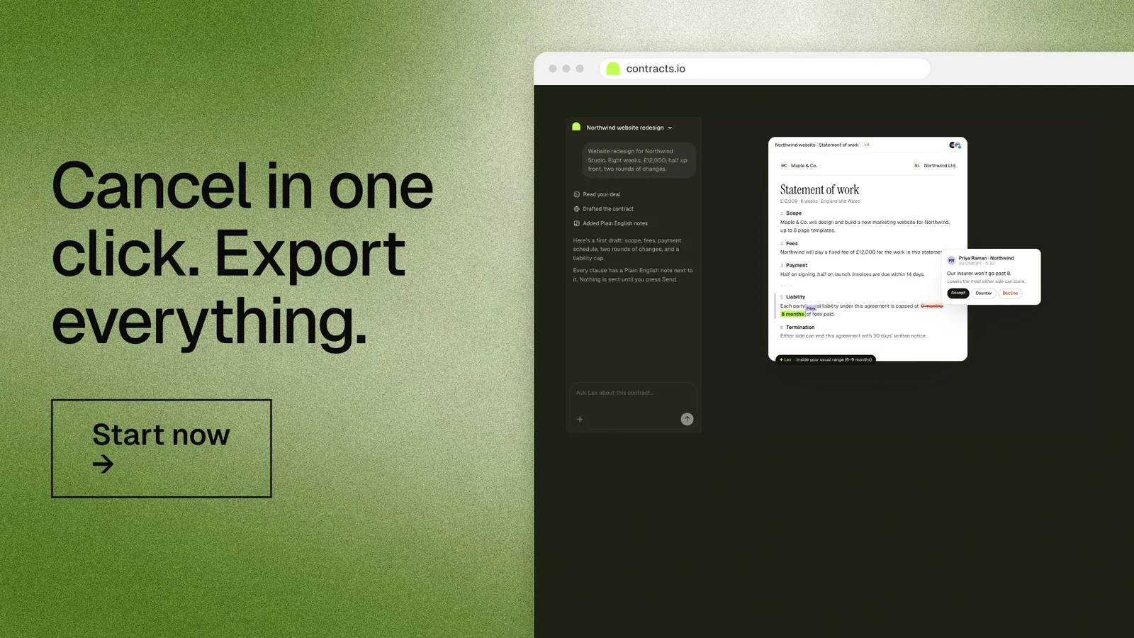 Landscape graphic for contracts.io: "Cancel in one click. Export everything." Cyanotype style, browser layout, dark palette in green, black.