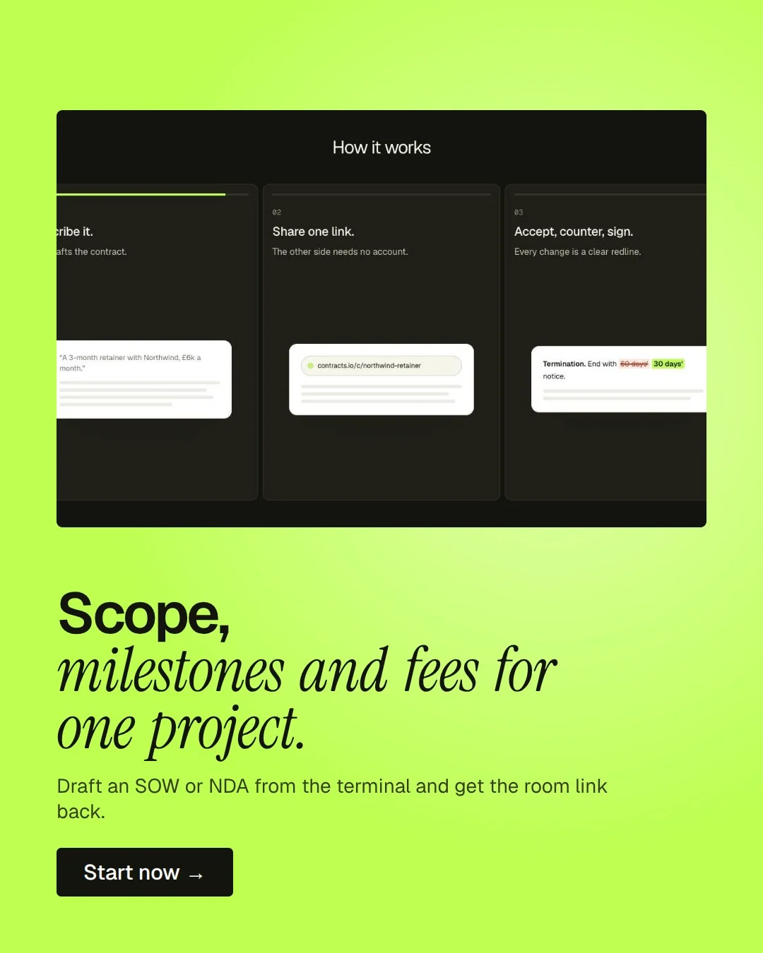 Video for contracts.io: "Scope, milestones and fees for one project.". Doc motion loop, 6.0 s, light palette.