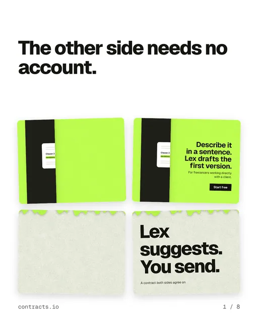 Carousel for contracts.io: "The other side needs no account.". Collection carousel, 8 slides, light palette.