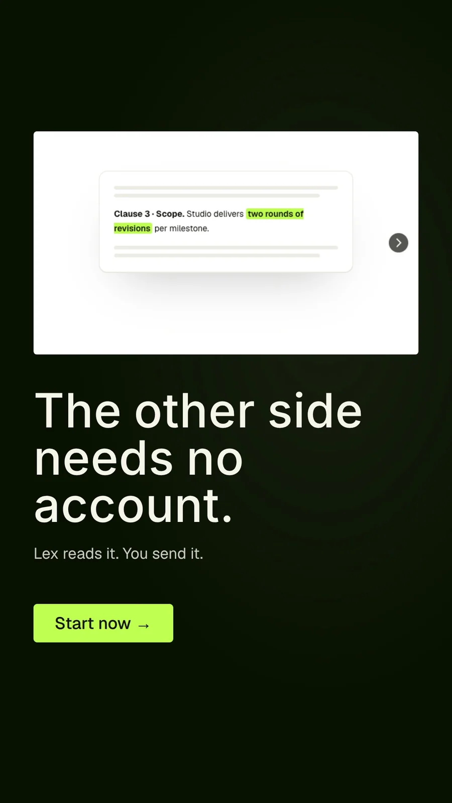Video for contracts.io: "The other side needs no account.". Doc motion loop, 7.0 s, dark palette.