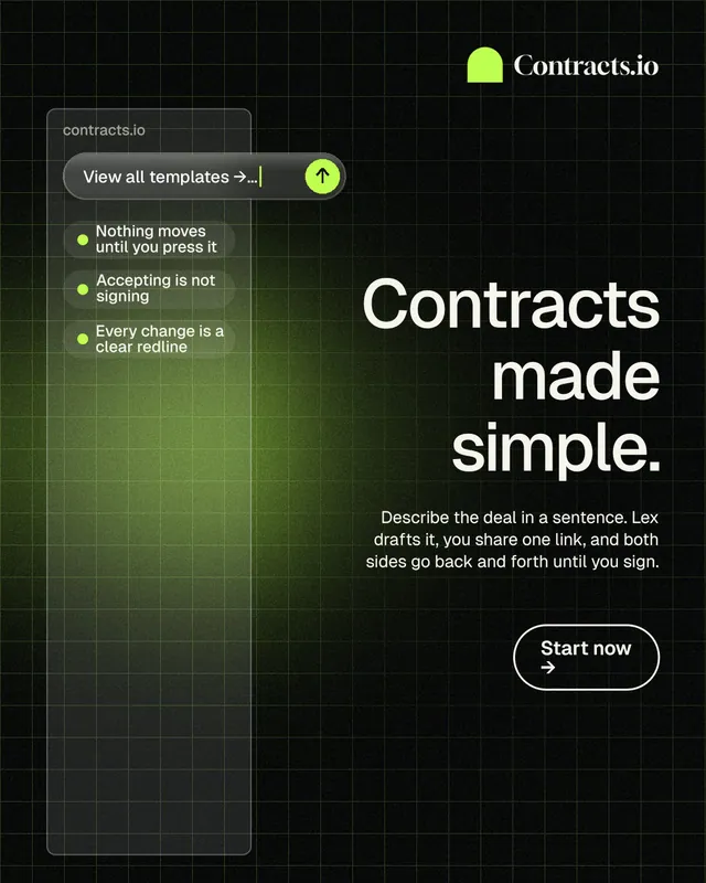 Instagram portrait post for contracts.io: "Contracts made simple." Phosphor atlas style, right layout, dark palette in black, green.