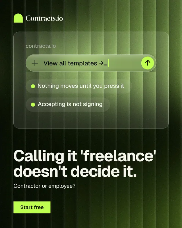 Instagram portrait post for contracts.io: "Calling it 'freelance' doesn't decide it." Swiss style, bottom layout, dark palette in black, green.