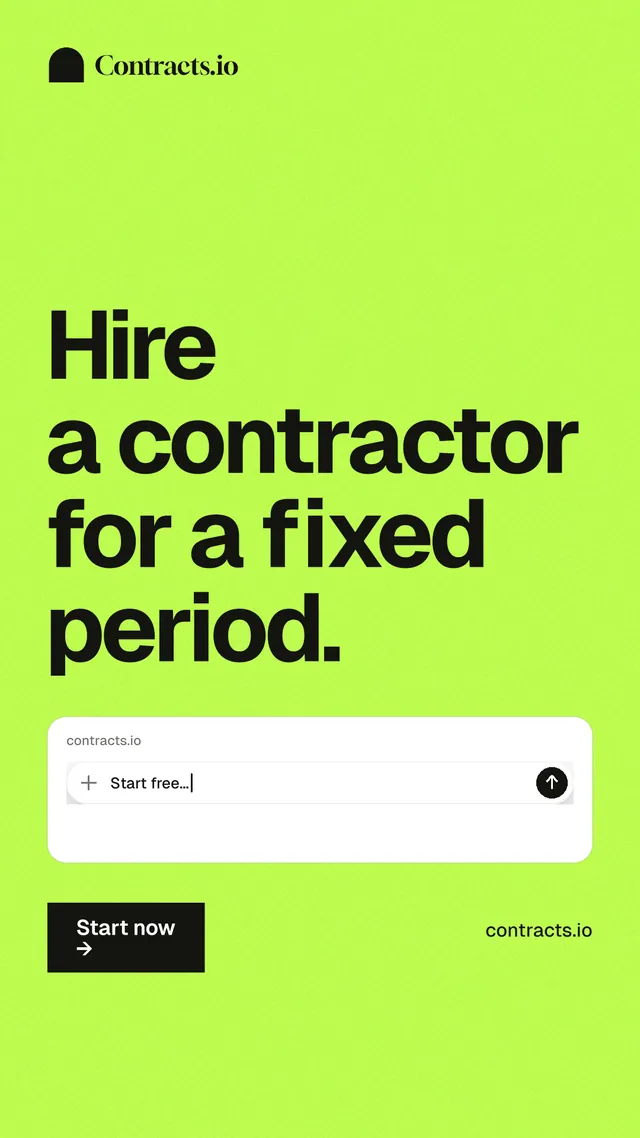 Instagram story for contracts.io: "Hire a contractor for a fixed period." Swiss style, poster layout, light palette in green.