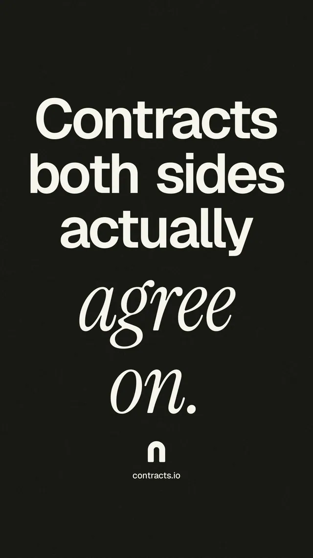 Instagram story for contracts.io: "Contracts both sides actually agree on." Poster style, technique:mixed type lockup layout, dark palette in black, grey.
