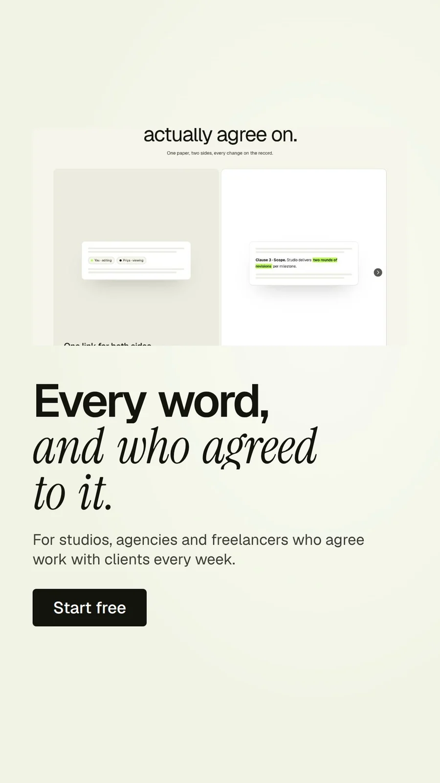 Video for contracts.io: "Every word, and who agreed to it.". Doc motion loop, 8.0 s, light palette.