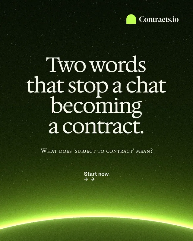 Instagram portrait post for contracts.io: "Two words that stop a chat becoming a contract." Swiss style, smallcaps layout, dark palette in green, black.